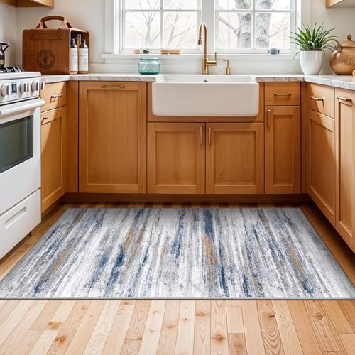 2x4 Washable Entryway Runner Rugs: Easy-to-Clean Runners for Hallway Bedroom - Stain and Water Resistant Rug with Non-Slip Backing - Soft Low-Pile Door Mat Kitchen Carpet Navy Grey - Image 3