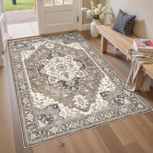 4x6 Area Rug for Living Room - Machine Washable Rugs with Non-Slip Backing Large Bedroom Carpet Distressed Oriental Non-Slip Non-Shedding Soft Thin Floor Mat for Dining Room Playroom(Beige,4x6) - Image 3