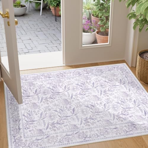 DUKINO 2x3 Rug, Washable Vintage Floral Bathroom Rugs Non Slip, Purple by DUKINO