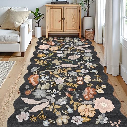 Boho Floral 4x8 Scalloped Rug: Washable Non-Slip Hallway Runner Rug Black - Image 3