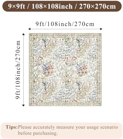9x9 Square Area Rug Living Room, Non-Slip Floral Washable 8ft Square Rug Low Pile Thin Indoor Carpets for Dining Room Bedroom Office High Traffic Area Boho Vintage Home Decor (9ft Square, Beige) - Image 2