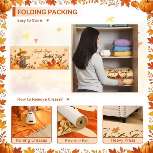 Fall Kitchen Rugs Runner 2.6'x10', Thankful Pumpkin Mats for Hallway - Image 6