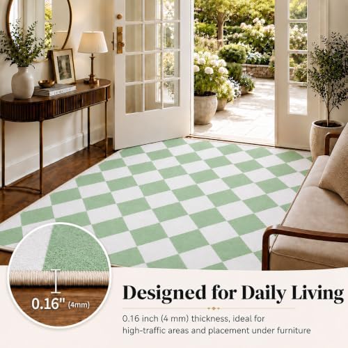 5x7 Checkered Area Rug for Living Room, Soft Low Pile Green Rugs - Image 6