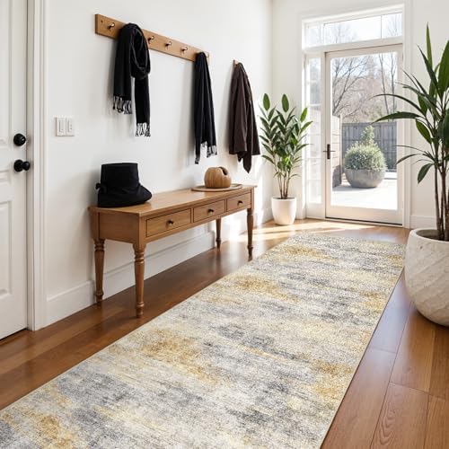 3x10 Runner Rug Washable Abstract: Non Slip Hallway Floor Mat Grey/Yellow - Image 3