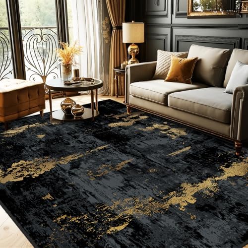 RELEANY Washable 6'x8' Abstract Area Rug for Living Room Black Gold by RELEANY