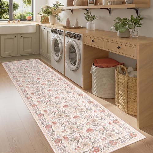 DUKINO 2.6x8 Runner Rug, Washable Vintage Floral Kitchen Runners Beige Pink - Image 3