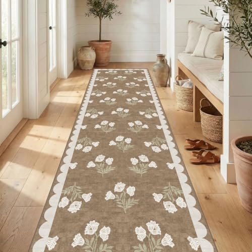 Non Slip Washable Hallway Runner Rug - 2.6x10 Long Tan Kitchen Runner Rug Soft Boho Runners for Hallways Cottage Floral Scalloped Area Rug for Bedroom Entryway Foyer Bathroom Double Vanity by Othilic