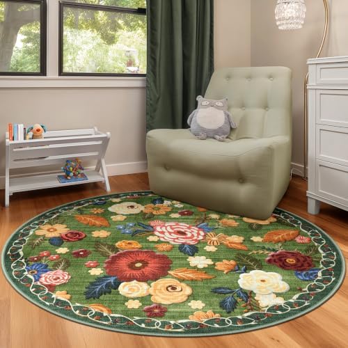 Washable 4ft Round Area Rug, Green Boho Floral Non-Slip for Bedroom Kitchen - Image 4