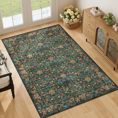 DUKINO 4x6 Rug for Living Room, Washable Vintage Floral Area Rug, Green - Image 2