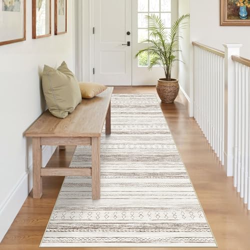 Tortania Area Rug 3x8 Runner Rugs - Washable Soft Neutral Boho Moroccan Farmhouse Rug Indoor Floor Carpet for Living Room Bedroom Kitchen Entryway Under Dining Table Home Office Decor - Cream Brown - Image 2