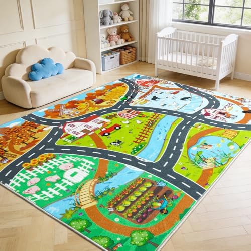 Car Rug Play Mat for Kids Toy Cars, 4x5 Town Country Barn Track Road Rug - Image 6