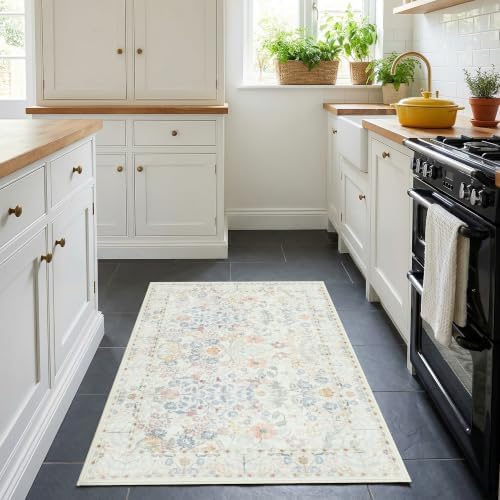 White Ivory Washable Entry Rug 2x3 Small Rugs- Front Door Throw Rugs Indoor, Non-Slip Bathroom Mat, Vintage Floral Thin Rug Stain Resistance for Kitchen, Laundry, Boho Entryway Décor - Image 3