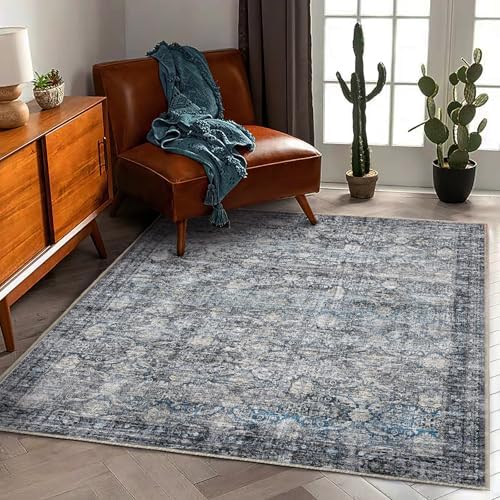 CHAMPLANT Washable Area Rug 4'x6' Traditional Floor Cover Foldable Thin Rugs Retro Kitchen Indoor Distressed Non Slip Carpet Floral Print Mat Bedroom Living Room by CHAMPLANT