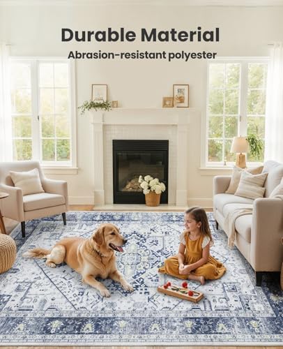 Amada Large 8x10 Washable Area Rug for Living Room, Blue, Vintage Pattern - Image 4