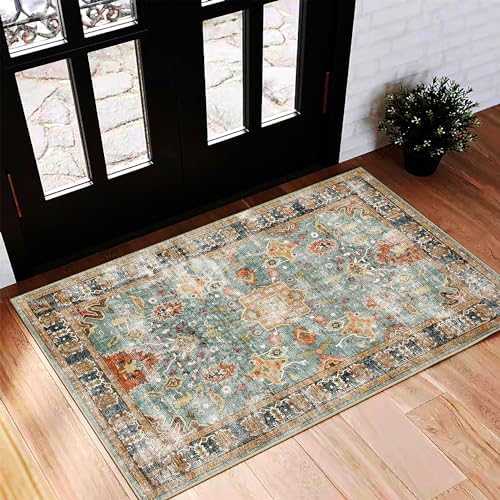 CHAMPLANT Washable Area Rug 2'x3' Door Mat Vintage Distressed Taupe Doormat Indoor Entrance Traditional Floral Print Non Slip Carpet for Kitchen Bathroom Bedroom Living Room by CHAMPLANT