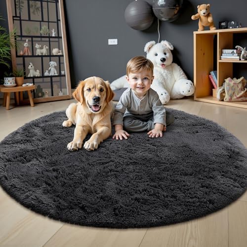 OLANLY Black Round Rugs for Bedroom - Machine Washable, 5 ft Circle Area Rugs for Living Room, Soft and Fluffy Shaggy Carpet for Teen Girls and Boys, Nursery Rooms, Dorms, Home Decor Aesthetic - Image 2