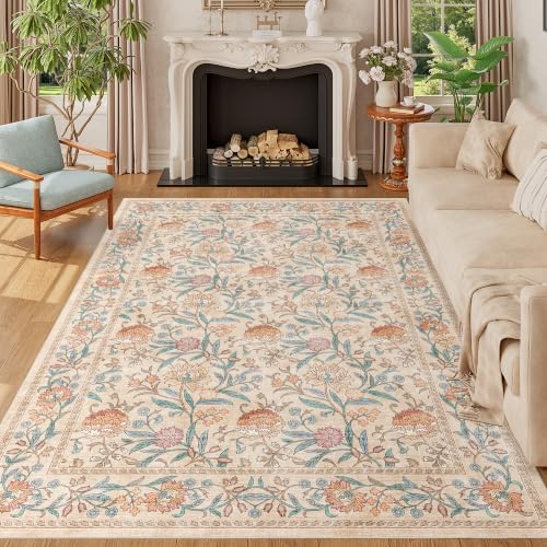 DUKINO 6x9 Area Rug, Vintage Floral Washable Rugs for Living Room, Beige by DUKINO