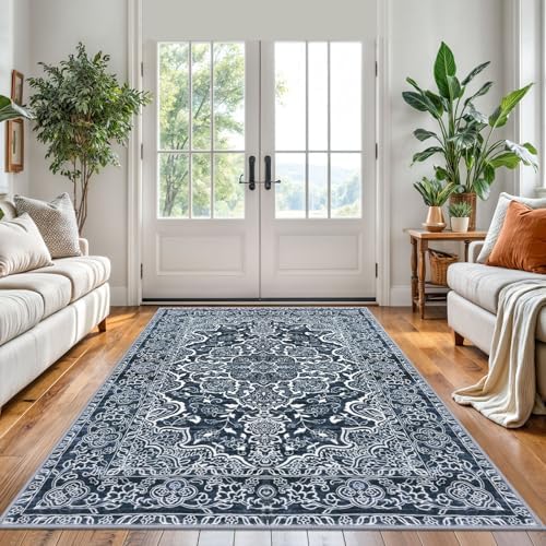KUTA Vintage Area Rug 5x7 Navy Blue, Washable Rugs for Living Room - Image 2