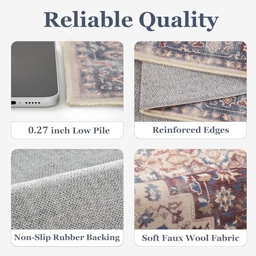 Maroon Blue 2x6 Hallway Runner Rug, Carpet Runners 6ft for Kitchen Non Slip Washable, Modern Vintage Floor Runner for Entryway Foyer, Medallion Rug Runner for Bathroom Bedroom Laundry Room - Image 5