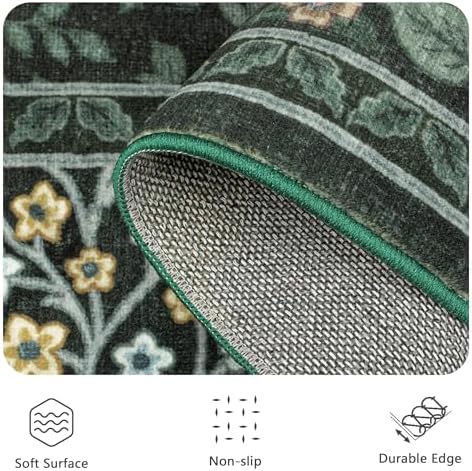 5x7 Area Rugs, Vintage Washable Rug for Bedroom, Indoor Non-Slip Rugs for Living Room, Dining Room, Low Pile Floral Rug(Dark Green Floral) - Image 6