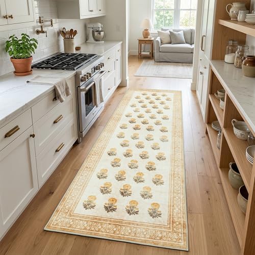 Non Slip 2x6 Kitchen Runner Rug Washable, Hallway Runner Rugs, Boho Vintage Floral Beige Brown Non Skid Carpet Stain Resistance Ultra Soft Low Pile for Entryway, Bathroom Mats for Floor - Image 2