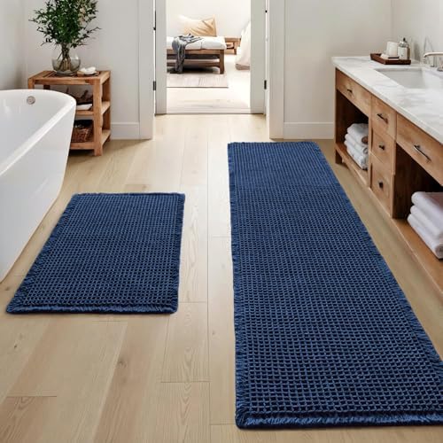 MIULEE Set of 2 Waffle Bathroom Rugs Navy Blue Bath Mat 17"x24"+17"x48" by MIULEE