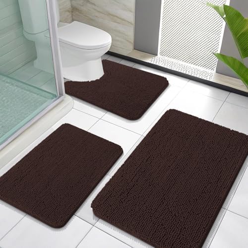 OLANLY Chenille Bathroom Rugs Sets 3 Piece, 30"x20"+24"x16"+24"x20", Brown by OLANLY