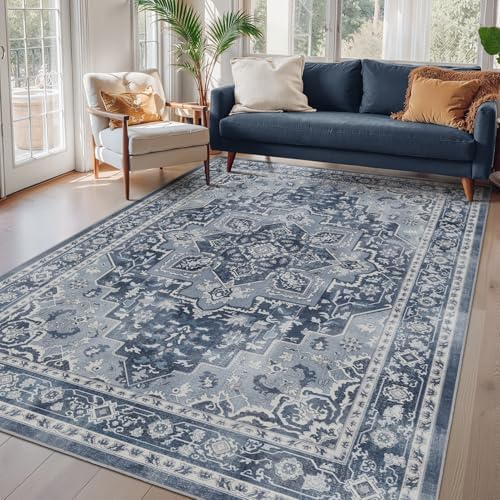 Blue Gray Living Room Rug 6x9, Washable Non Slip Transitional Medallion Rug for Dining Room Under Table, Modern Vintage Distressed Low Pile Thin Carpet Rugs for Den Bedrom Home Office by Jainmy