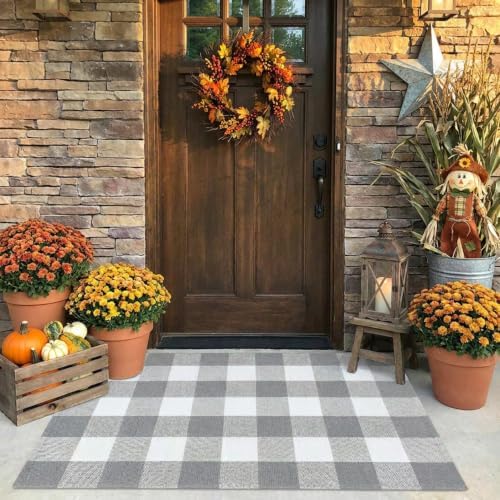SEEKSEE Buffalo Plaid Outdoor Rug 27.5x43 Gray and White Front Door Mat, Layering Rug for Porch, Washable Doormat, Front Porch Rug for Outdoor Entrance Entryway Patio Porch Decor by SEEKSEE