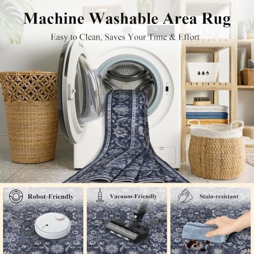 Washable 2x6 Kitchen Non-Slip Runner Rug Retro Denim Blue Floor Mat - Image 5