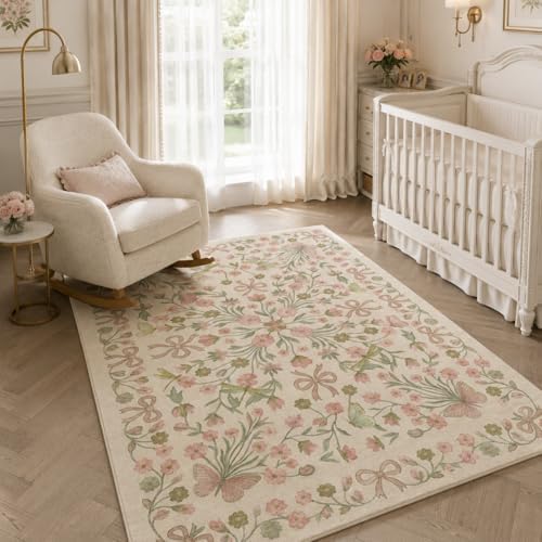 5x7 Pink and Green Floral Butterfly Bow Area Rug for Living Room - Image 4