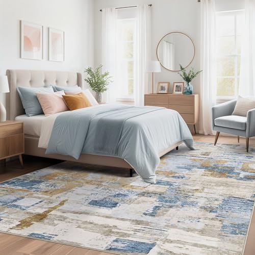 kakania Abstract 12x14 Area Rugs for Living Room: Washable Rugs Blue Gold - Image 3