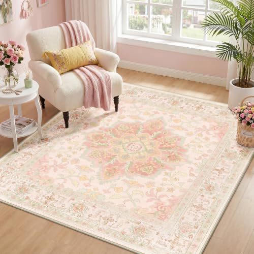CAPALOCA Square 4ft Washable Nursery Girls Low Pile Area Rug Pink Green by CAPALOCA