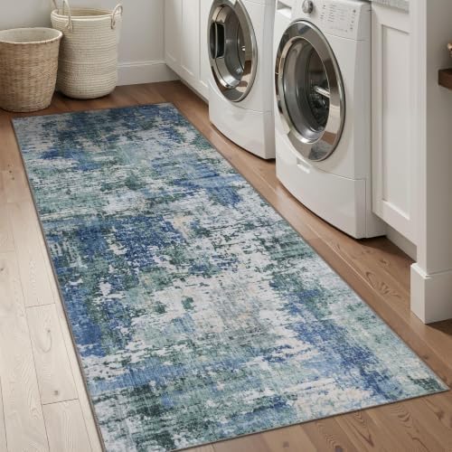 Sasttie 2x8 Runner Rug, Modern Abstract Hallway Carpet, Blue & Green by SASTTIE