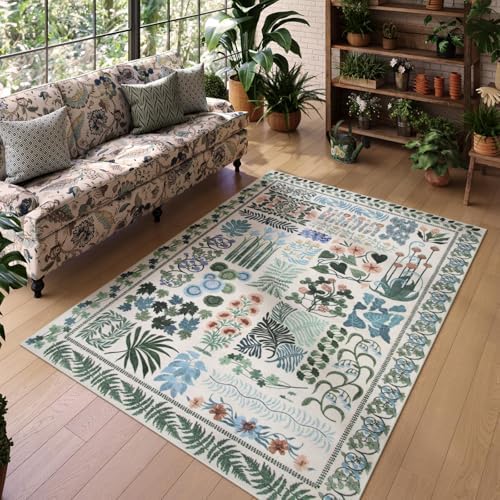 Zealude Floral Boho 5x7 Area Rugs for Bedroom Living Room, Botanical Soft Dining Room Rug, Large Non Slip Stain Resistant Indoor Throw Carpet for Entryway Kitchen Office Playroom (Beige,5 x 7) by Zealude