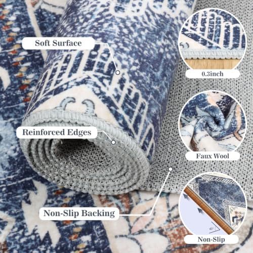 5x7Ft Boho Washable Area Rugs for Living Room, Blue/Multi Thin Bedroom Rugs Non Slip, Moroccan Soft Kids Nusery Area Floor Carpets for Dining Room Playroom Kitchen Home Office Decor - Image 6