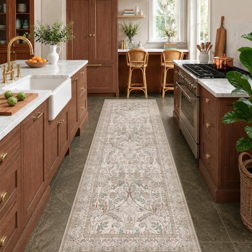 Vintage Moss Green 2‘6“x8’ Kitchen Runner Rug Non Slip - Washable Long Hallway Rug, Thin Neutral Taupe Traditional Decor Runner for Laundry Room, Bathroom, Entrance by Evyhood