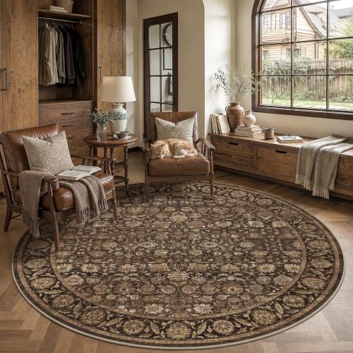 Washable 6ft Round Living Room Non-Slip Rug Retro Brown Throw Carpet - Image 3