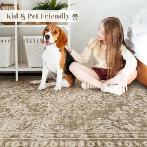Vintage Living Room Area Rug - 9x12 Large Machine Washable Boho Area Rug Distressed Floral Rugs for Bedroom, Soft Non-Slip Indoor Floor Accent Rugs for Office Dining Room (Floral Brown, 9'x12') - Image 4