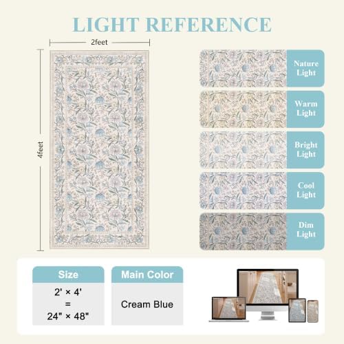 DUKINO 2x4 Rug, Washable Vintage Floral Entryway Rug Non Slip, Cream Blue - Image 2