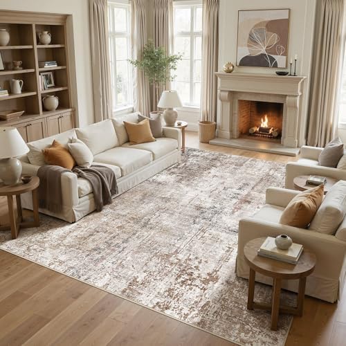 UERMEI Square Area Rugs : Washable 10x10 Neutral Modern Abstract Carpet for Living Room Bedroom - Soft Floor Mat with Non Slip Backing for Kitchen Nursery Dorms Farmhouse Home Decor - Brown/Grey/Red - Image 3