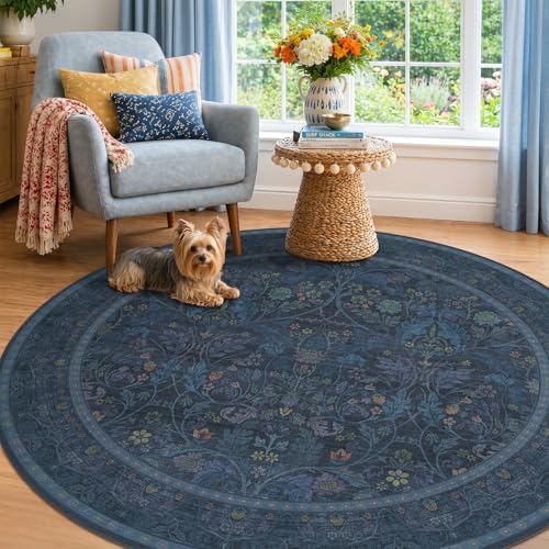 7ft Round Rug for Living Room, Dark Blue Oriental Floral Circle Area Rug, Washable Non-Shedding Low-Pile Carpet for Under Bed, Home Office, Moody Farmhouse Decor, Stain Resistant by Evyhood