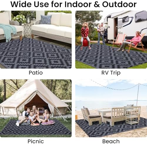 Smiry Outdoor Rug 4x6 ft Waterproof Reversible Boho Mat, Black & Grey - Image 7