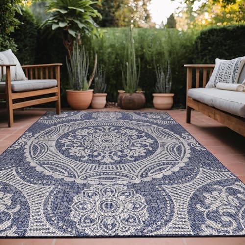Luul Home Medallion Outdoor Rug 10x14 Washable Outside Carpet for Indoor Patio Porch Waterproof Easy Cleaning Non Shedding Area Rugs Blue 10 x 14 by Unknown