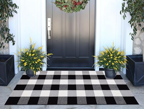Buffalo Plaid Outdoor Rug 24"x51" Fall Black and White Front Porch Mat by BUAGETUP
