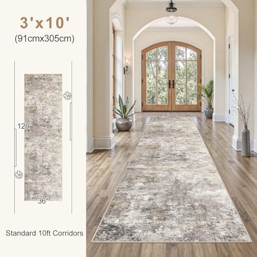 UERMEI 3x10 Washable Runner Rug for Hallway, Non Slip Low Pile Kitchen Carpet, Neutral Modern Abstract Indoor Floor Mat for Entryway Laundry, Kid & Pet Safe High Traffic Area, Brown Grey - Image 4