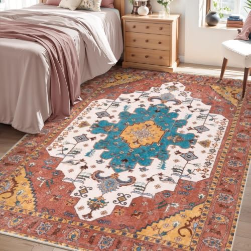 SERISSA 4x6 Washable Non Slip Boho Area Rug for Bedroom，Orange by SERISSAHomeDecorCollection