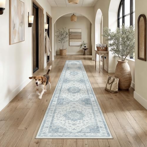 PureCozy Blue 2.6x14 Washable Runner Rug Hallway Vintage Oriental Carpet - Image 2