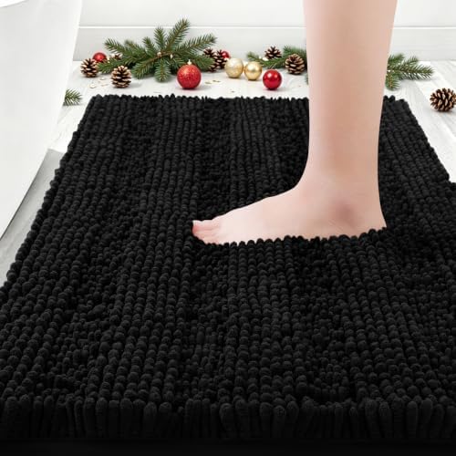 ACCUMTEK Striped Black Bathroom Rug Mat 24"x17" Ultra Soft, Non Slip Chenille Bath Rugs, Absorbent Plush Shaggy Bath Mats for Bathroom, Bedroom, Kitchen, Shower, Tub by ACCUMTEK