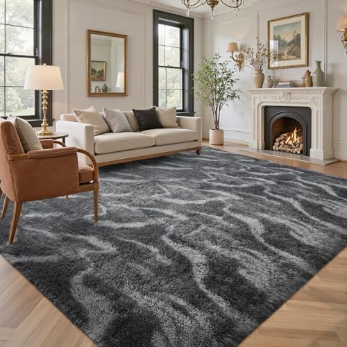Area Rugs for Living Room 8x10 Feet, Soft Fluffy Shagg Plush Bedroom Rug Non-Slip,Large Carpet for Nursery Kids Dorm Home Decor Wavy Grey by Lo%CC%80utiRootHome